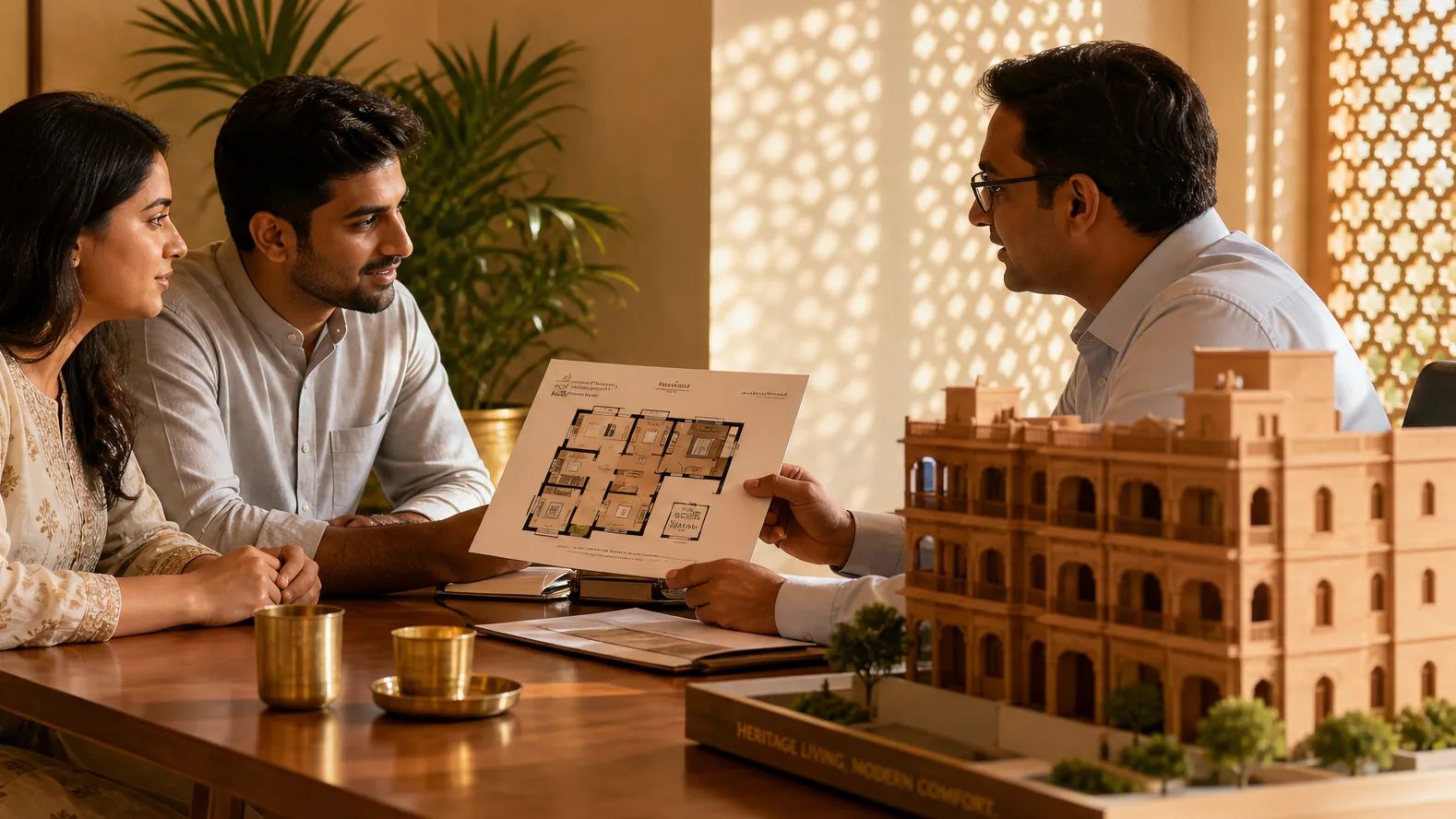 A man showing a couple a project floor plan beside a sandstone building model
